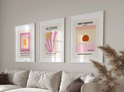 set of 3 and warhol poster,pink color block print, matisse poster set, gallery wall bundle,museum poster,danish pastel d