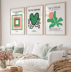 set of 3 keith love poster, green orange color block print, matisse poster, gallery wall bundle, museum poster, haring p