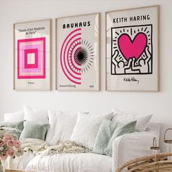 set of 3 keith love poster, pink color block print, bauhaus poster set, gallery wall bundle, museum poster, haring print