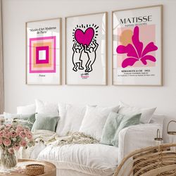 set of 3 keith love poster, pink orange color block print, matisse poster set, gallery wall bundle, museum poster, harin