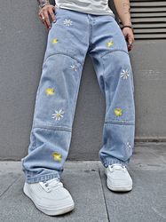 men's flower embroidery loose fit jeans