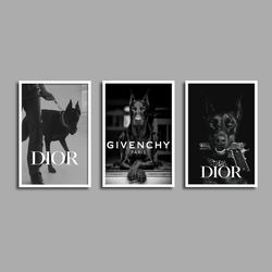 luxury fashion doberman poster set of 3, designer prints wall art, luxury wall print, doberman art, designer print wall