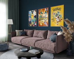 pokemon set of 3 posters, movie cover, pokemon poster, ash, catch them all, charizard, oak, cartoon network, tv show, tv