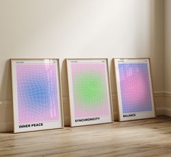 abstract retro aura posters 3 piece wall art, aura energy psychedelic gradient wall art, set of 3 prints vaporwave y2k r