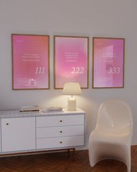 angel numbers aura poster printable set for 111 222 333, aesthetic room decor trendy spiritual aura energy set of 3 prin