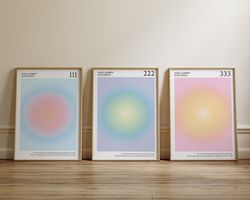 angel numbers aura poster printable set for 111 222 333, aesthetic room decor trendy spiritual aura energy set of 3 prin