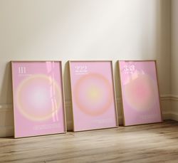 angel numbers aura poster printable set for 111 222 333, pink aesthetic decor trendy spiritual aura energy set of 3 prin