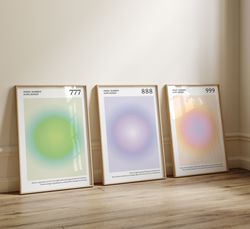 angel numbers aura poster printable set for 777 888 999, aesthetic room decor trendy spiritual aura energy set of 3 prin