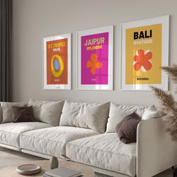 travel print set of 3, gallery wall set trendy travel set, colorful travel poster, maximalist wall art, bali, jaipur, st