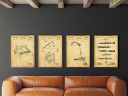 office patent prints set of 4, accountancy poster, office art, business management, fountain pen, typewriter, office lam