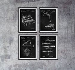 office patent prints set of 4, accountancy poster, office art, business management, fountain pen, typewriter, office lam