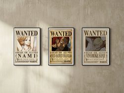 one piece poster - one piece anime wanted posters, nami cat burglar, red-haired shanks pirate, vinsmoke sanji black leg,