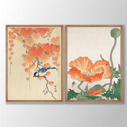 set of 2 fall autumn wall art, japanese bird and flower art prints, ohara koson poster, orange botanical, traditional de