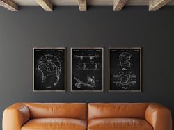 skateboarding patent print set of 3, skateboard wall art, knee&elbow pads blueprint, sport helmet poster, kids room deco