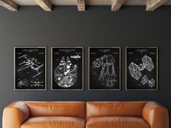 star wars patent set of 4, millennium falcon patent, x-wing poster, tie fighter art, at-at walker decor, star wars fan g