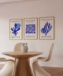 matisse print set of 3 blue exhibition posters printable wall decor, henri matisse prints 3 piece wall art, retro printa