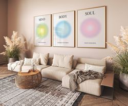 mind body soul colorful aura poster 3 piece printable wall art set, spiritual gradient set of 3 prints, aesthetic room d