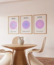 mind body soul purple aura poster 3 piece wall art, aura energy spiritual gradient set of 3 prints, aesthetic room decor