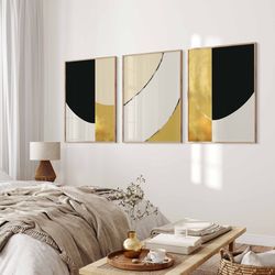 minimal mid century abstract wall art, modern wall art print set of 3, neutral abstract geometric download prints, black