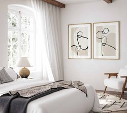 minimalist mid century modern abstract black and beige printable wall art set of 2, neutral line drawing modern shapes,