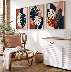 modern abstract wall art set of 3 tropical plant wall art monstera leaf print monstera print bedroom decor nature wall a