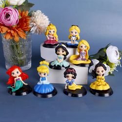 8 pcs/lot kawaii sitting little disney princess figure belle alice mermaid cute figurine cake decoration ornaments