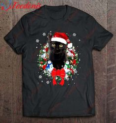 black cat with santa hat christmas wreath snowflake snowman decoration t-shirt, funny kids christmas shirts family  wear