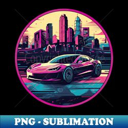 tesla roadster inspired car in front of a vibrant and colorful city skyline - unique sublimation png download - bold & eye-catching