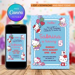 hello kitty birthday invitation, hello kitty girl birthday any age invitation canva editable instant download