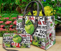 grinch christmas leather bag  wallet, grinch women shoulder bag, grinch handbag