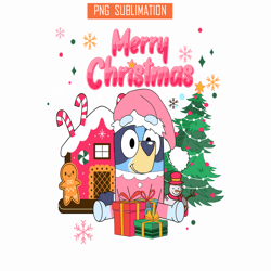 bluey and christmas gift png, christmas tree png, bluey and santa claus png