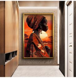 sunset and african local woman, african woman art, modern art, wall art canvas , ready to hang canvas painting, canvas g