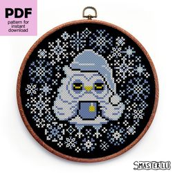 winter owl and snowflakes cross stitch pattern pdf, easy christmas ornament, modern cross stitch pattenr for beginners