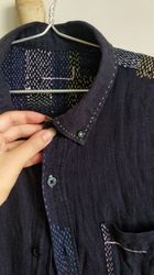 second-hand blue shirt with hand embroidery in japanese style. boro.