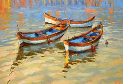 boats painting seascape textured painting wall decor print impasto painting landscape poster