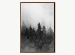 black and white mist over pine trees nature canvas art print, mountain wall art, frame large wall art, minimalist art, g