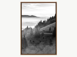 black and white misty forest landscape canvas art print, mountain wall art, frame large wall art, gift, living room wall