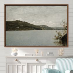 framed canvas landscape wall art, antique lake framed print, rustic decor framed large gallery art, vintage art, green a