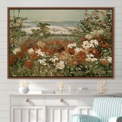 landscape wall art wildflower field oil painting, frame large wall art, landscape art, green art, vintage art,minimalist