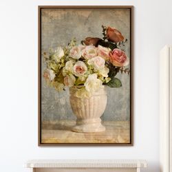 vintage pink & white roses in vase floral plants photography modern canvas art print, frame large wall art, gift, wall d