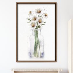 watercolor bouquet of daisies in glass vase floral botanical illustrations modern canvas art print, frame large wall art