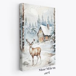 wilderness deer watercolor canvas poster vintage christmas deer printable reindeer art poster watercolor minimalist wall