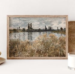 vintage living room landscape painting poster, landscape print, lake pond art poster, claude monet art, wildflower field