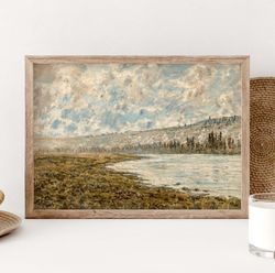 vintage living room landscape painting poster, landscape print, lake pond art poster, claude monet art, wildflower field