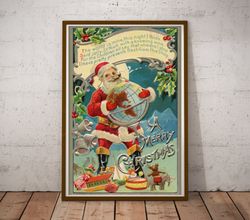 vintage santa claus christmas poster! (up to 24 x 36) - antique - holiday - xmas - decoration - globe - toys - st nick -