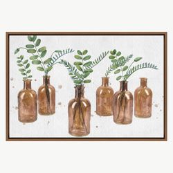 wall art eucalyptus leaves in brown glass vases botanical plants illustrations modern canvas art, frame large wall art,