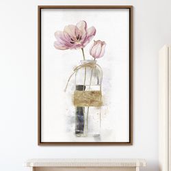 watercolor bouquet of pink tulips in glass vase floral botanical illustrations modern canvas art, frame large wall art,