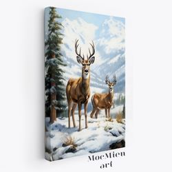 wilderness deer canvas poster vintage christmas reindeer oil painting mountain moody wall art cottagecore decor canvas p