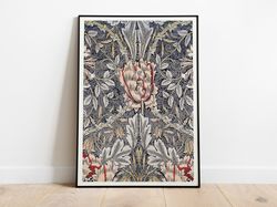 william morris exhibition poster, william morris print, art nouveau, honeysuckle pattern, fabric textured background, ho