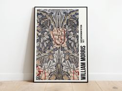 william morris exhibition poster, william morris print, art nouveau, honeysuckle pattern, fabric textured background, ho